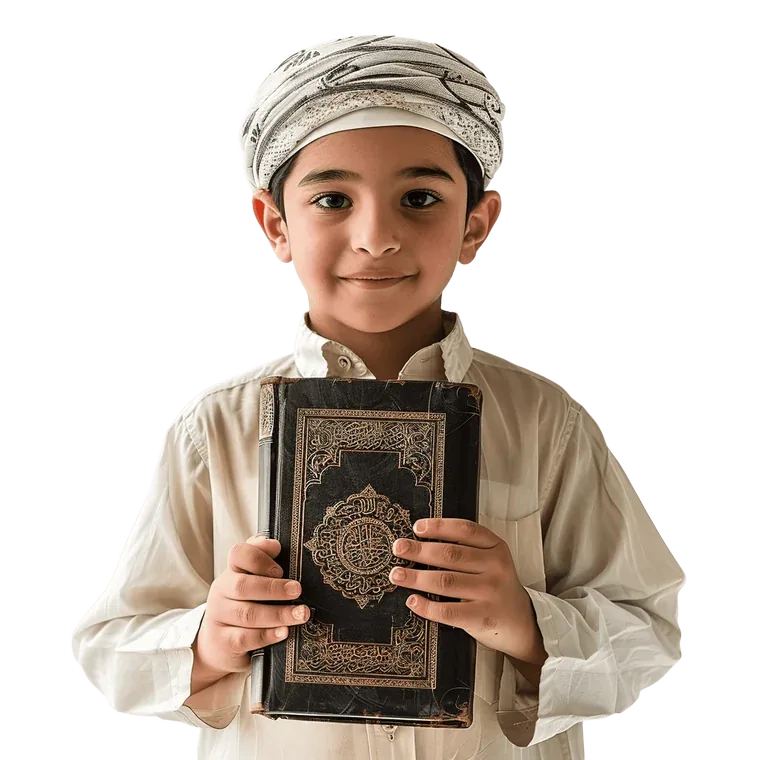 A smiling child holding the Quran